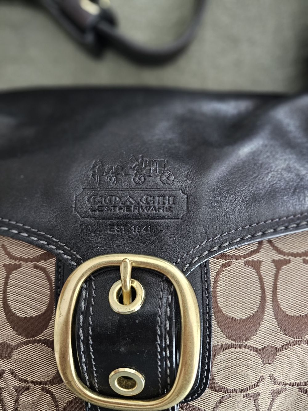 Coach Brown Signature Canvas and Black Leather Shoulder Bag